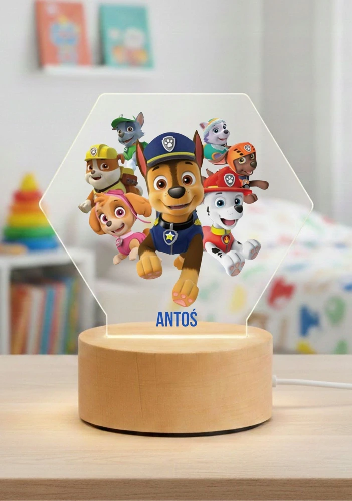 Bez Marki Lampka Nocna LED 3D Psi Patrol +Imię Prezent Podstawa Drewniana PREMIUM USB