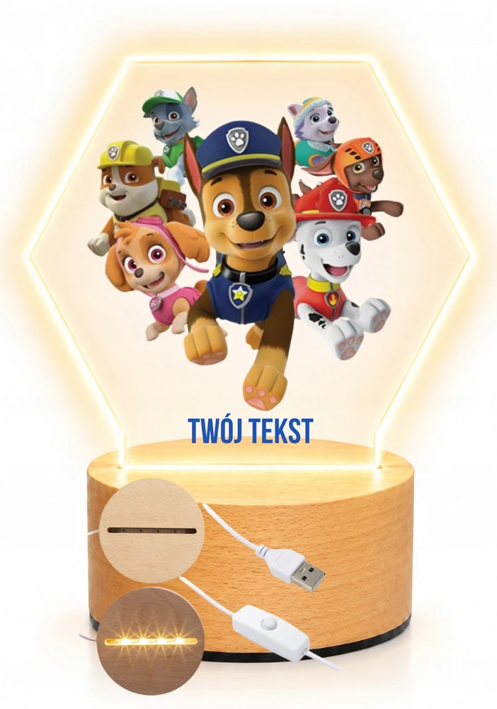Bez Marki Lampka Nocna LED 3D Psi Patrol +Imię Prezent Podstawa Drewniana PREMIUM USB