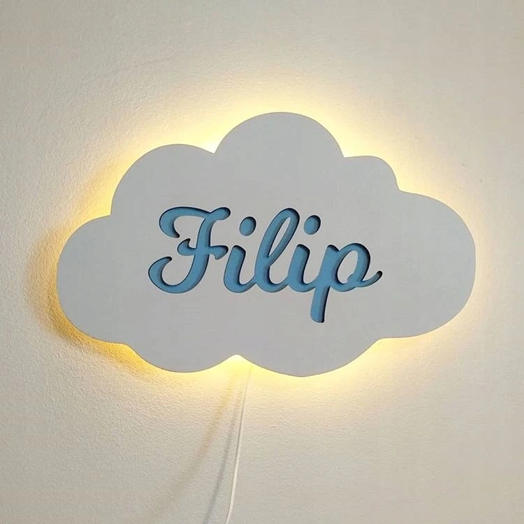 Bez Marki Lampka Nocna LED Chmurka su Imieniem Dziecka Personalizowana Drewniana L