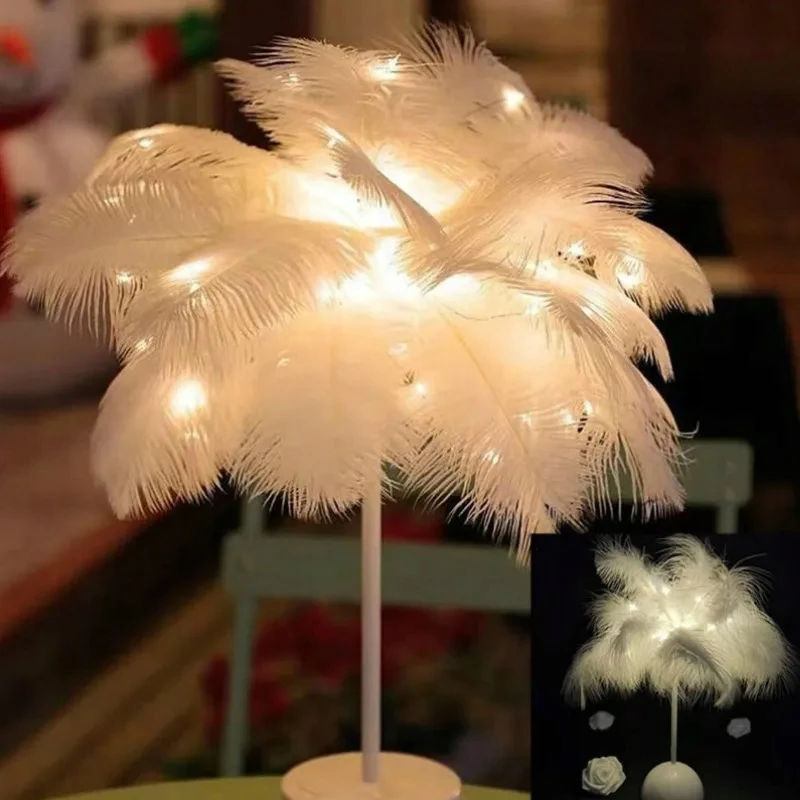 Bez Marki Lampka Nocna LED Dekoracyjna Ozdobna Na Biurko Piórka Na Baterie 35cm