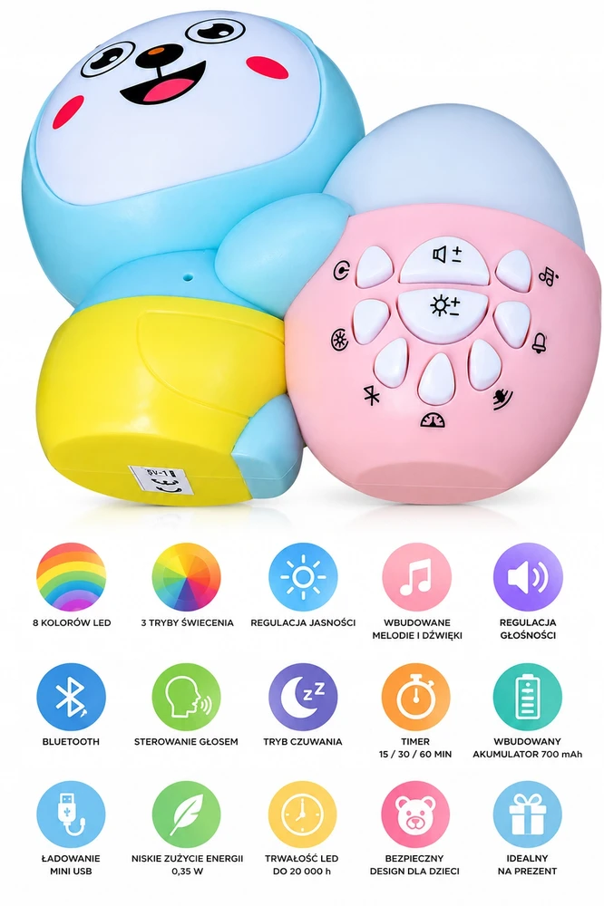 Bez Marki Lampka Nocna LED dla Dzieci RGB Bluetooth – Melodie, Timer, Akumuliatorius USB