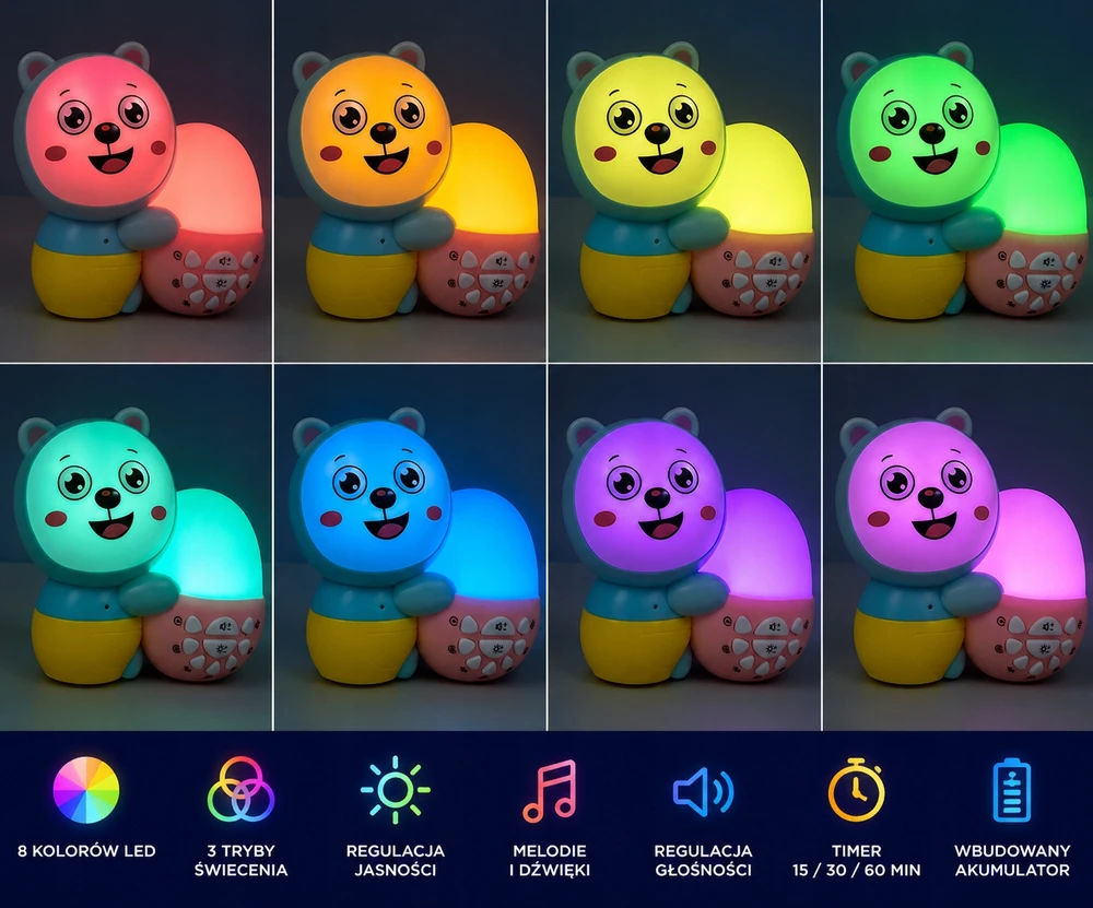 Bez Marki Lampka Nocna LED dla Dzieci RGB Bluetooth – Melodie, Timer, Akumuliatorius USB