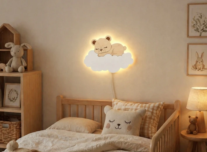 Bez Marki Lampka Nocna LED dla Dziecka Śpiący MIŚ na Chmurce Drewniana Prezent Eko