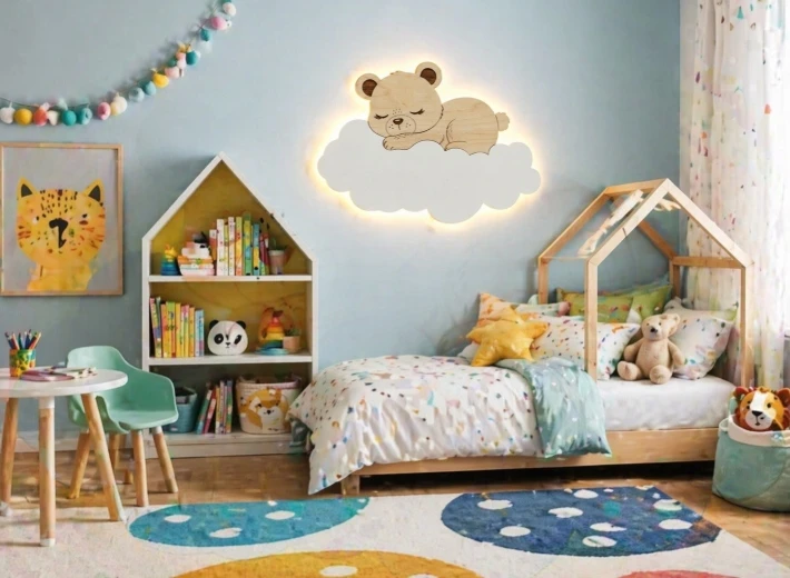 Bez Marki Lampka Nocna LED dla Dziecka Śpiący MIŚ na Chmurce Drewniana Prezent Eko