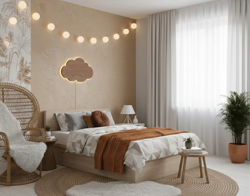Bez Marki Lampka Nocna LED Drewniana CHMURKA Brązowa Palisander Boho Skandynawski