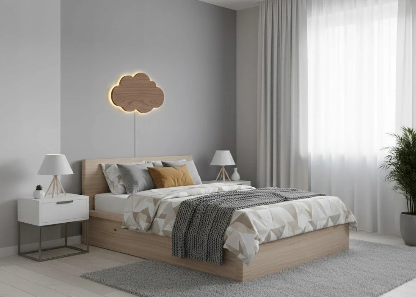 Bez Marki Lampka Nocna LED Drewniana CHMURKA Brązowa Palisander Boho Skandynawski