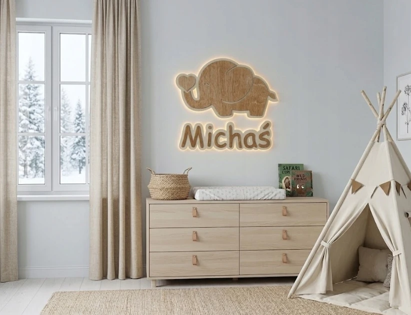 Bez Marki Lampka Nocna LED Drewniana Słonik su Imieniem Dziecka Personalizowana Słoń L