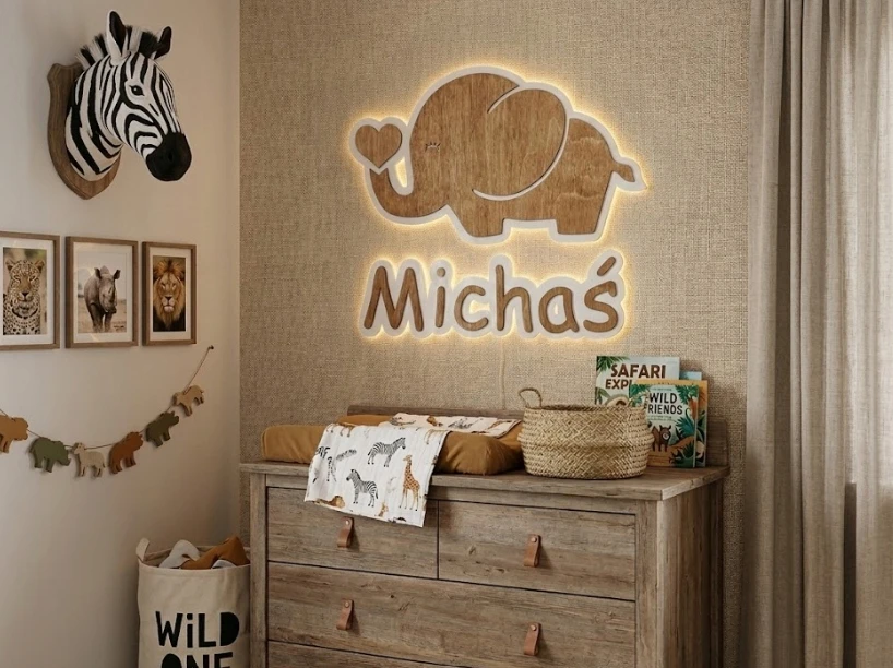 Bez Marki Lampka Nocna LED Drewniana Słonik su Imieniem Dziecka Personalizowana Słoń L