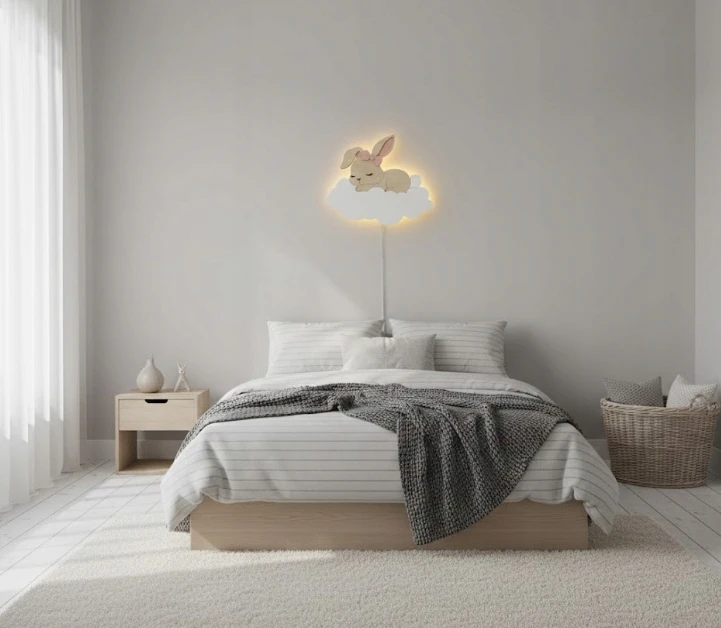 Bez Marki Lampka Nocna LED ŚPIĄCY KRÓLICZEK na Chmurce Drewniana Boho Prezent L