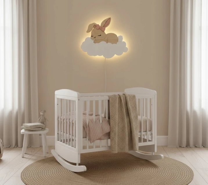 Bez Marki Lampka Nocna LED ŚPIĄCY KRÓLICZEK na Chmurce Drewniana Boho Prezent L