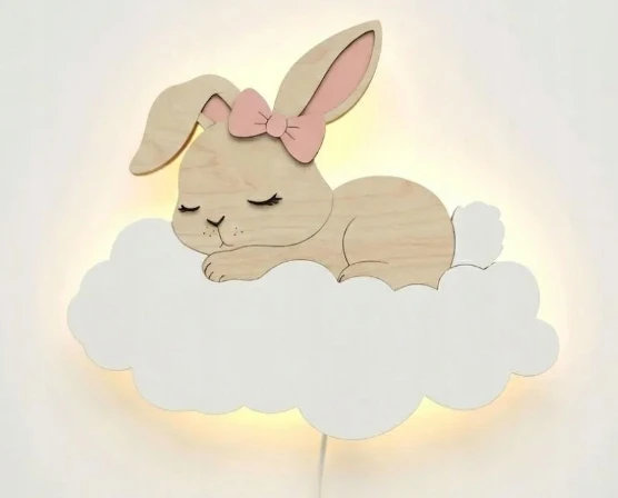 Bez Marki Lampka Nocna LED ŚPIĄCY KRÓLICZEK na Chmurce Drewniana Boho Prezent L