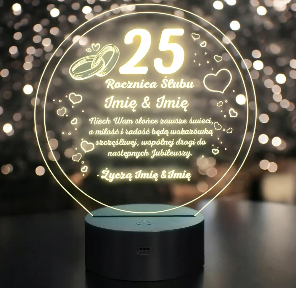 Bez Marki Lampka Nocna LED Statuetka Pamiątka 25 Rocznica Ślubu Prezent Grawer