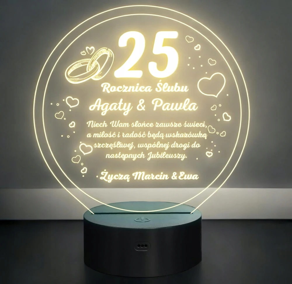 Bez Marki Lampka Nocna LED Statuetka Pamiątka 25 Rocznica Ślubu Prezent Grawer
