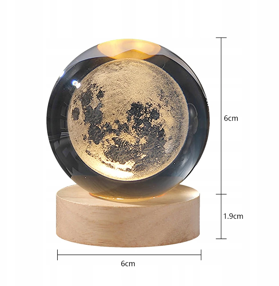 Bez Marki Lampka nocna LED szklana kula 3D Księżyc USB 6 cm