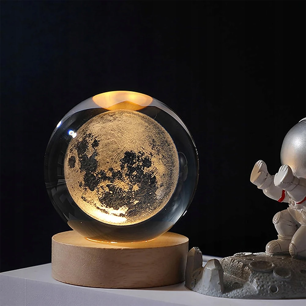 Bez Marki Lampka nocna LED szklana kula 3D Księżyc USB 6 cm
