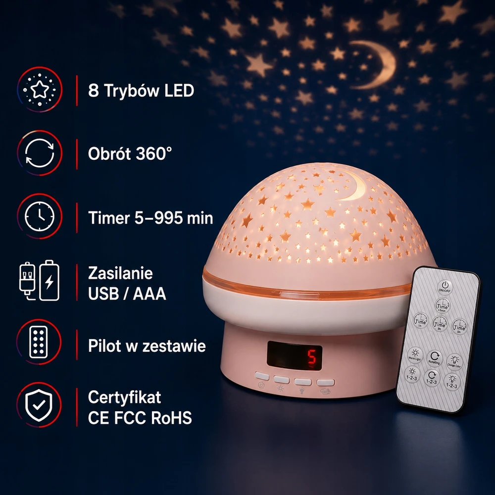 Bez Marki Lampka nocna projektorius gwiazd sukamasis 8 trybów LED pilot USB ZFITEI