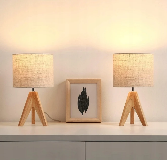 Bez Marki Lampka Nocna Stołowa Trójnóg Drewniany Kreminis Abażur Vintage Rinkinys 2vnt.