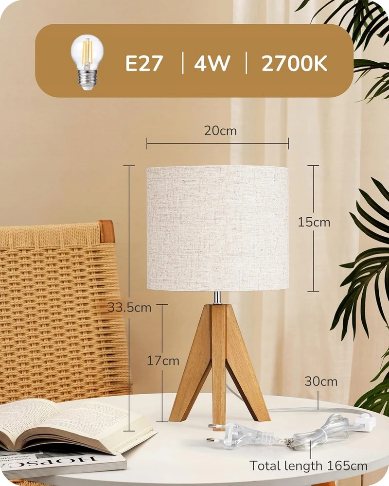 Bez Marki Lampka Nocna Stołowa Trójnóg Drewniany Kreminis Abażur Vintage Rinkinys 2vnt.