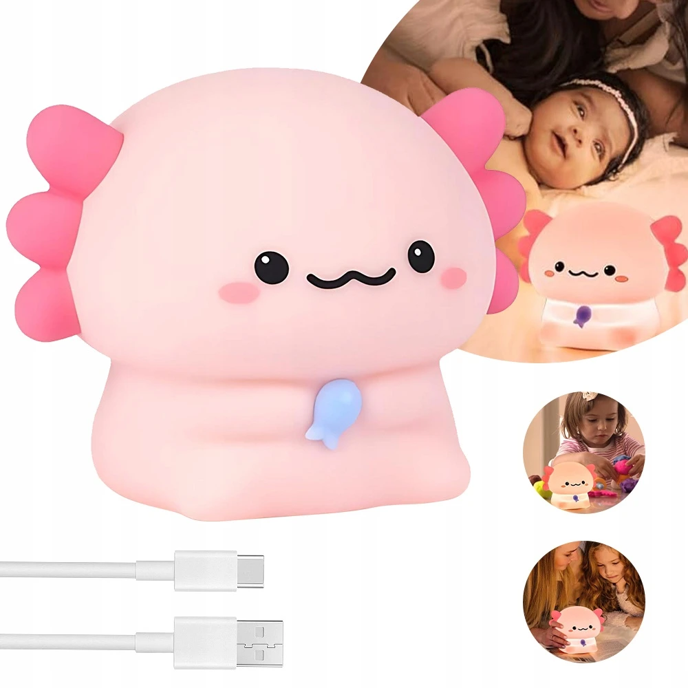 Bez Marki Lampka nocna vaikams Axolotl, silikonowa LED su możliwością ściemniania dotykiem, ładowana przez USB