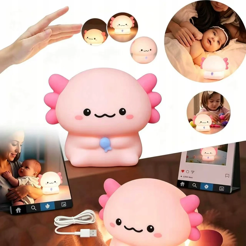 Bez Marki Lampka nocna vaikams Axolotl, silikonowa LED su możliwością ściemniania dotykiem, ładowana przez USB