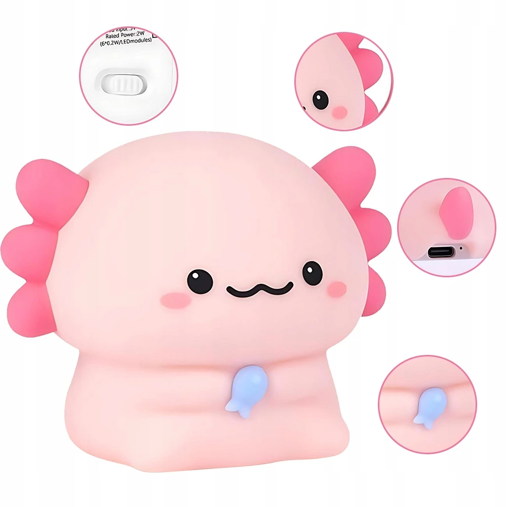 Bez Marki Lampka nocna vaikams Axolotl, silikonowa LED su możliwością ściemniania dotykiem, ładowana przez USB