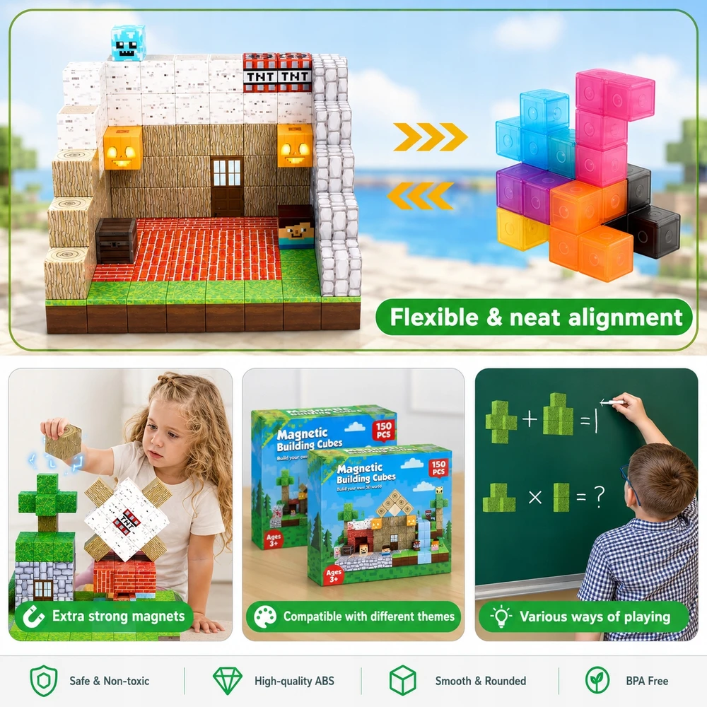 Bez Marki MAGNETINIAI BLOKAI 3D PIKSELIŲ KUBAI 150 EL. FIGURĖLIŲ DOVANŲ DĖŽUTĖ
