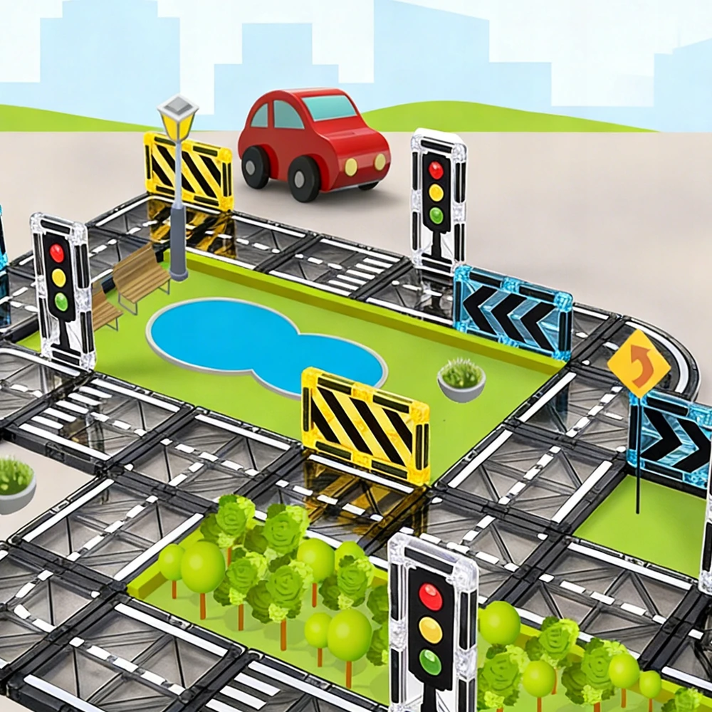 Bez Marki MAGNETINIAI BLOKAI ROAD CITY 52 ELEMENTS UGDYMO TAKAS VAIKAMS