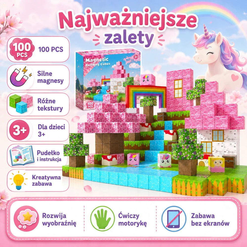 Bez Marki Magnetiniai blokeliai 100 vnt vienaragių 3D kubeliai vaikams nuo 3 metų