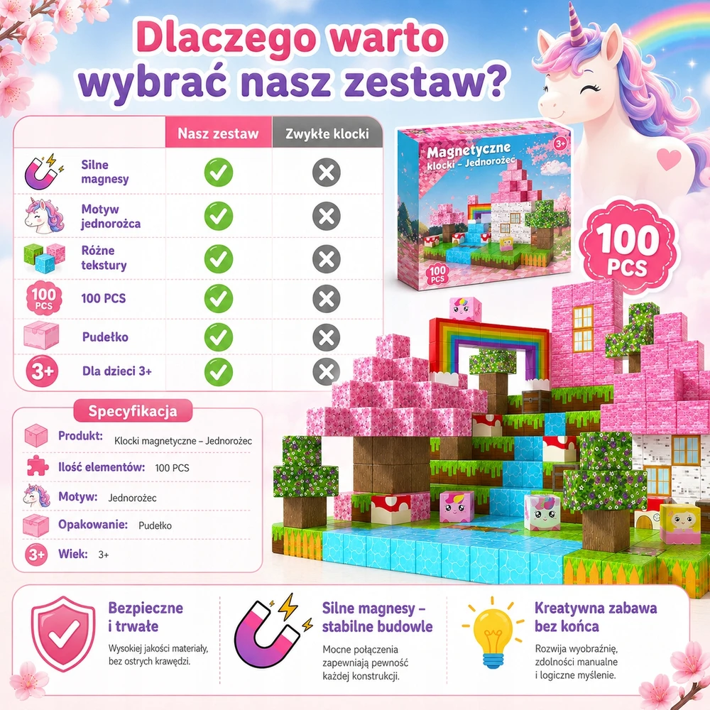 Bez Marki Magnetiniai blokeliai 100 vnt vienaragių 3D kubeliai vaikams nuo 3 metų