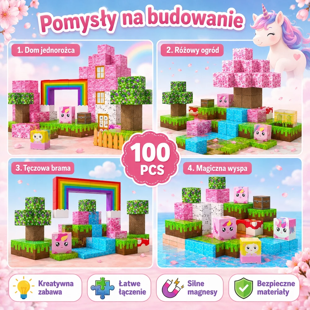 Bez Marki Magnetiniai blokeliai 100 vnt vienaragių 3D kubeliai vaikams nuo 3 metų