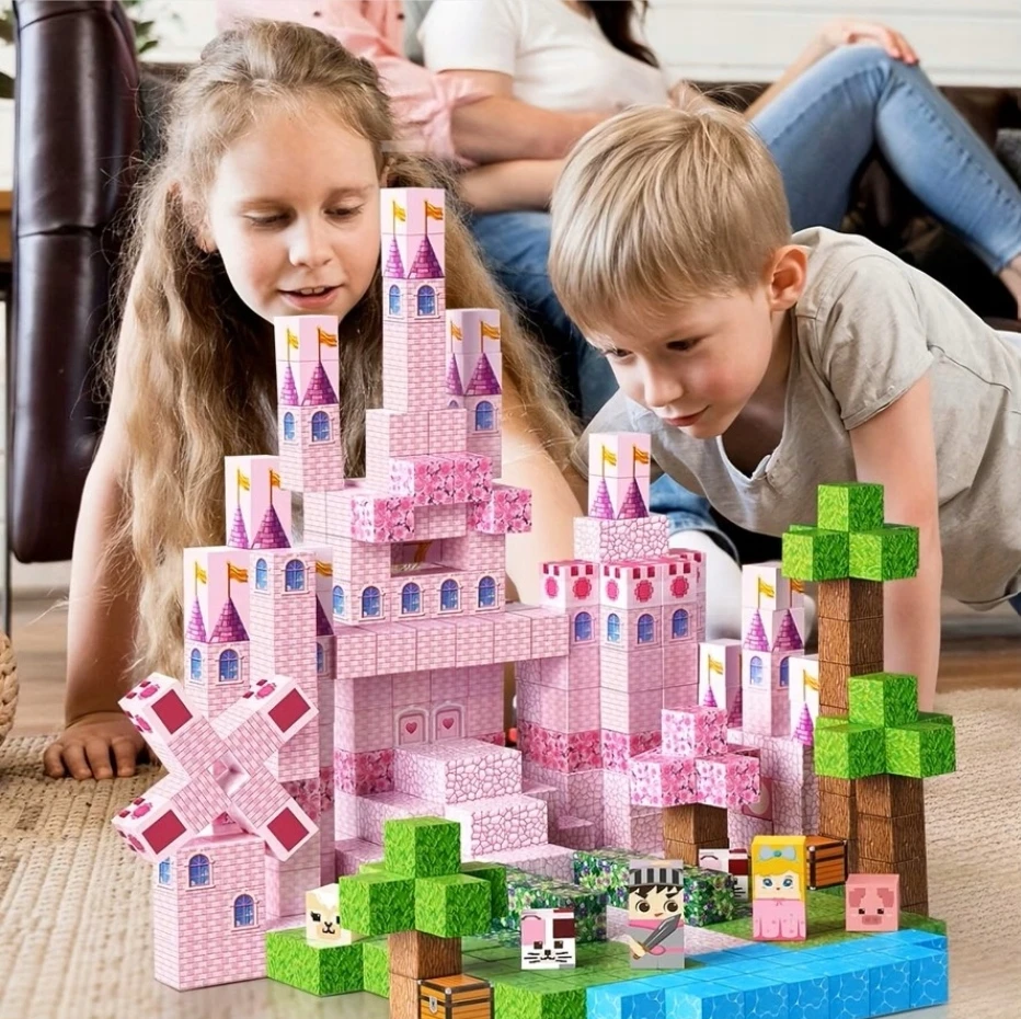 Bez Marki MAGNETINIAI KONSTRUKCINIAI BLOKAI 3D KUBAI ROŽINĖ PILIS 100 EL DOVANA