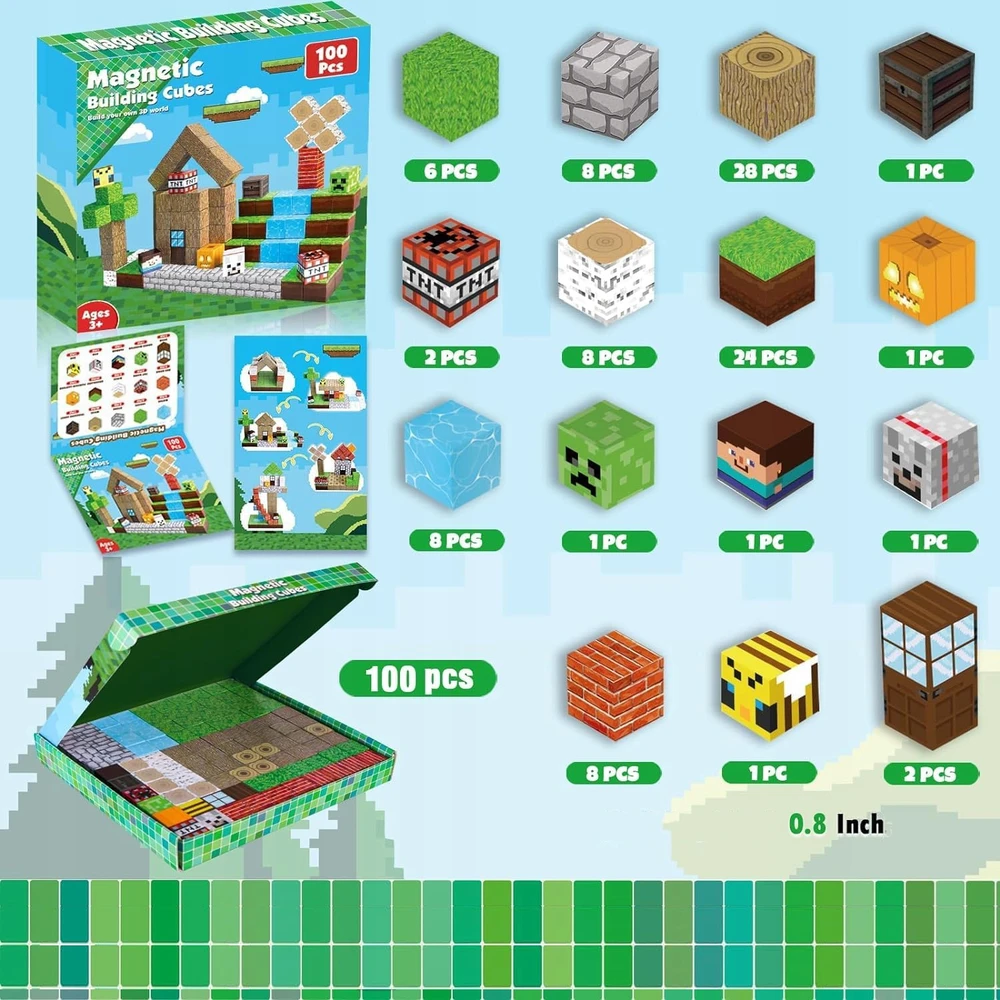 Bez Marki Magnetiniai statybiniai blokeliai KUBAI BLOKAI DIDELIS RINKINYS 100 vnt. Figūros + dovanų dėžutė, STEM žaislas