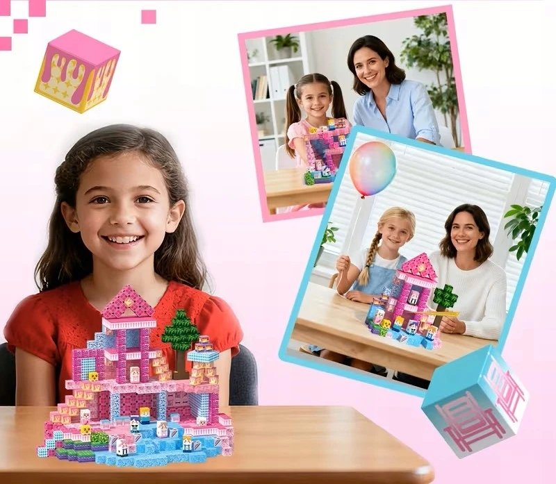 Bez Marki Magnetinių konstrukcinių blokelių 3D kubelių namas rožinė pilis
