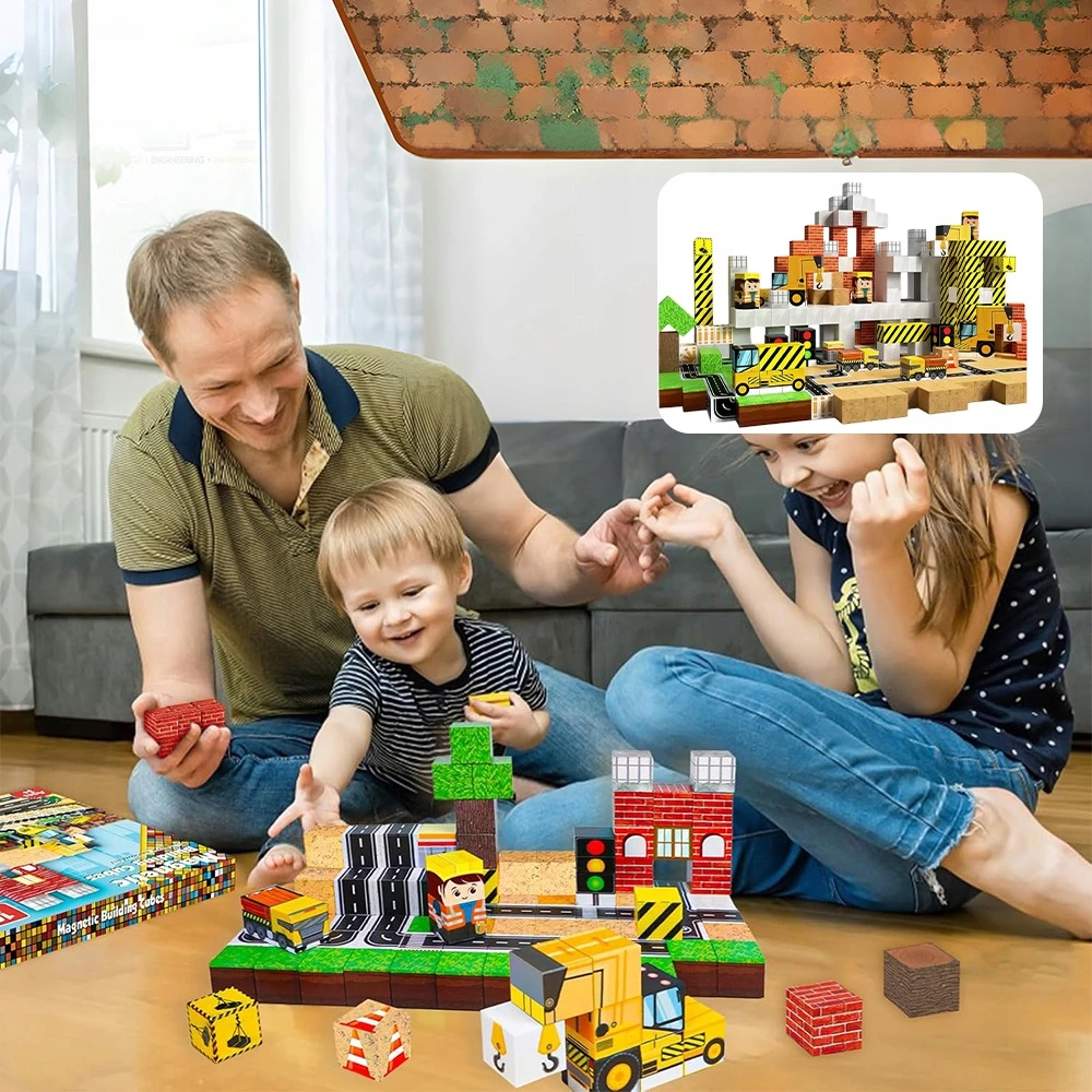 Bez Marki Magnetinių plytų rinkinys iš 100 vienetų plytų, kaladėlių, kubelių + 1 figūrėlė