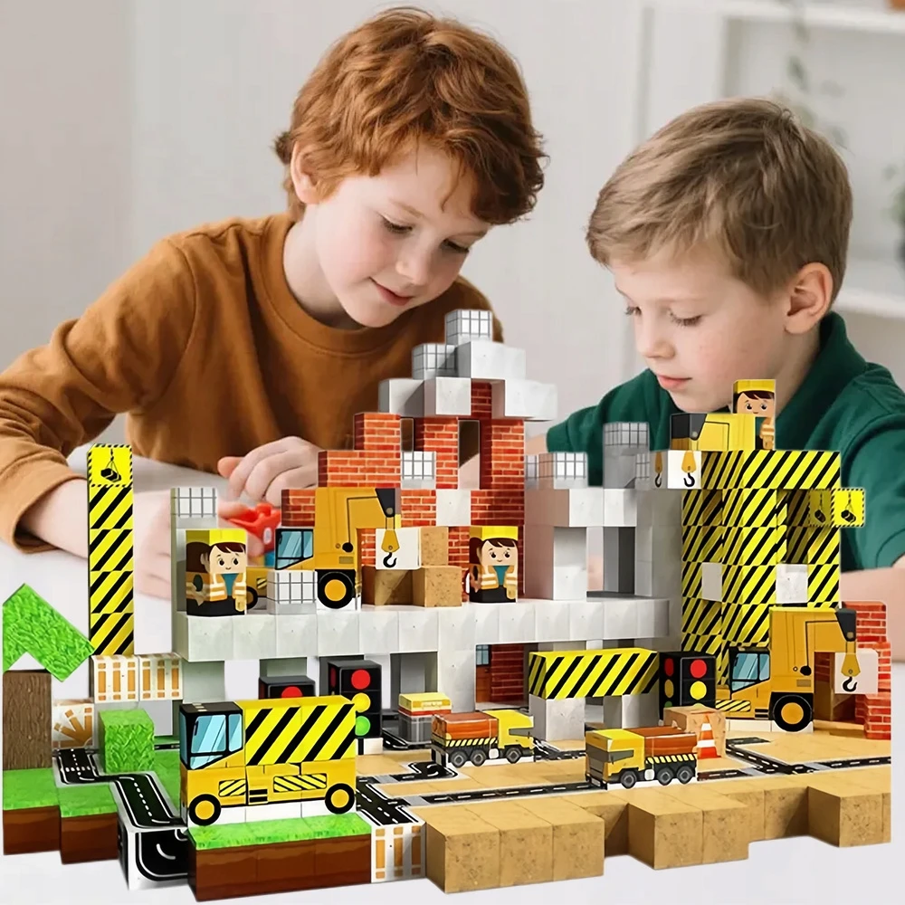 Bez Marki Magnetinių plytų rinkinys iš 100 vienetų plytų, kaladėlių, kubelių + 1 figūrėlė