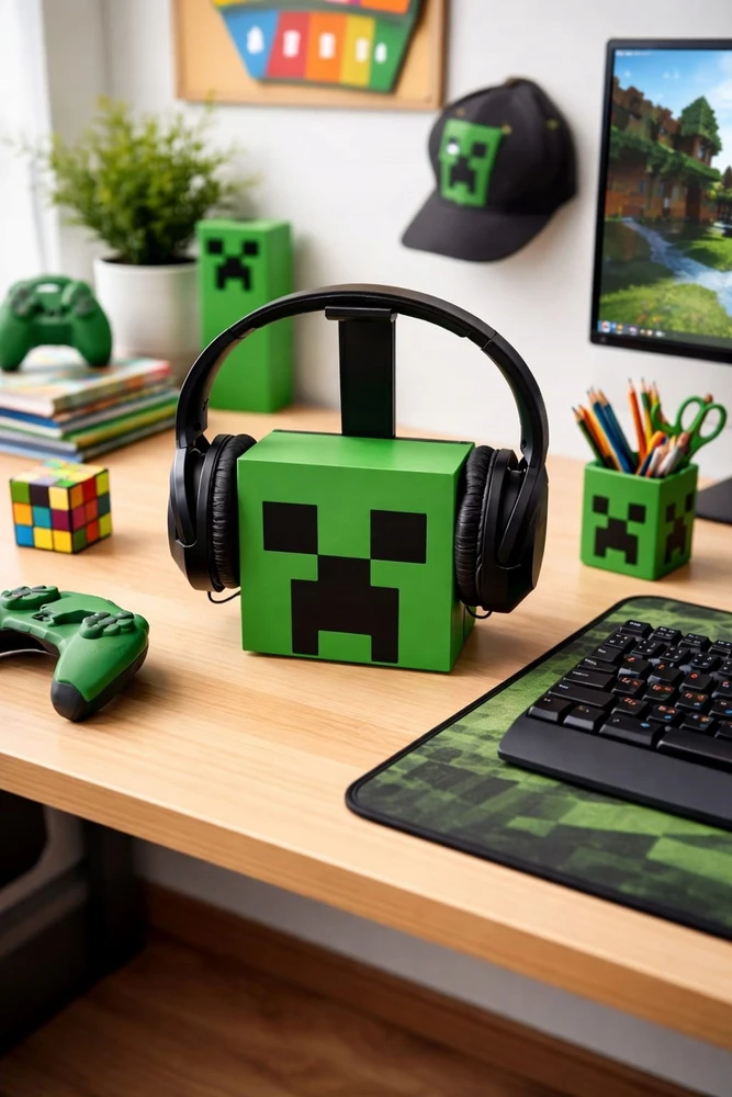 Bez Marki Minecraft Creeper Led naktinė lemputė + ausinių stovas 2in1