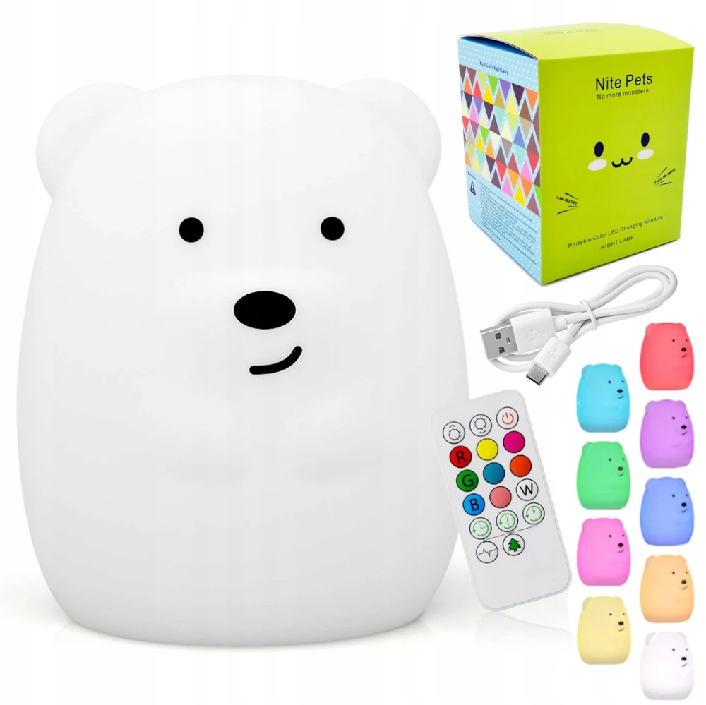 Bez Marki Naktinė lempa ŚWIECĄCY MIŚ DLA DZIECI LED RGB USB Pultas KOLOROWA SILIKONOWA