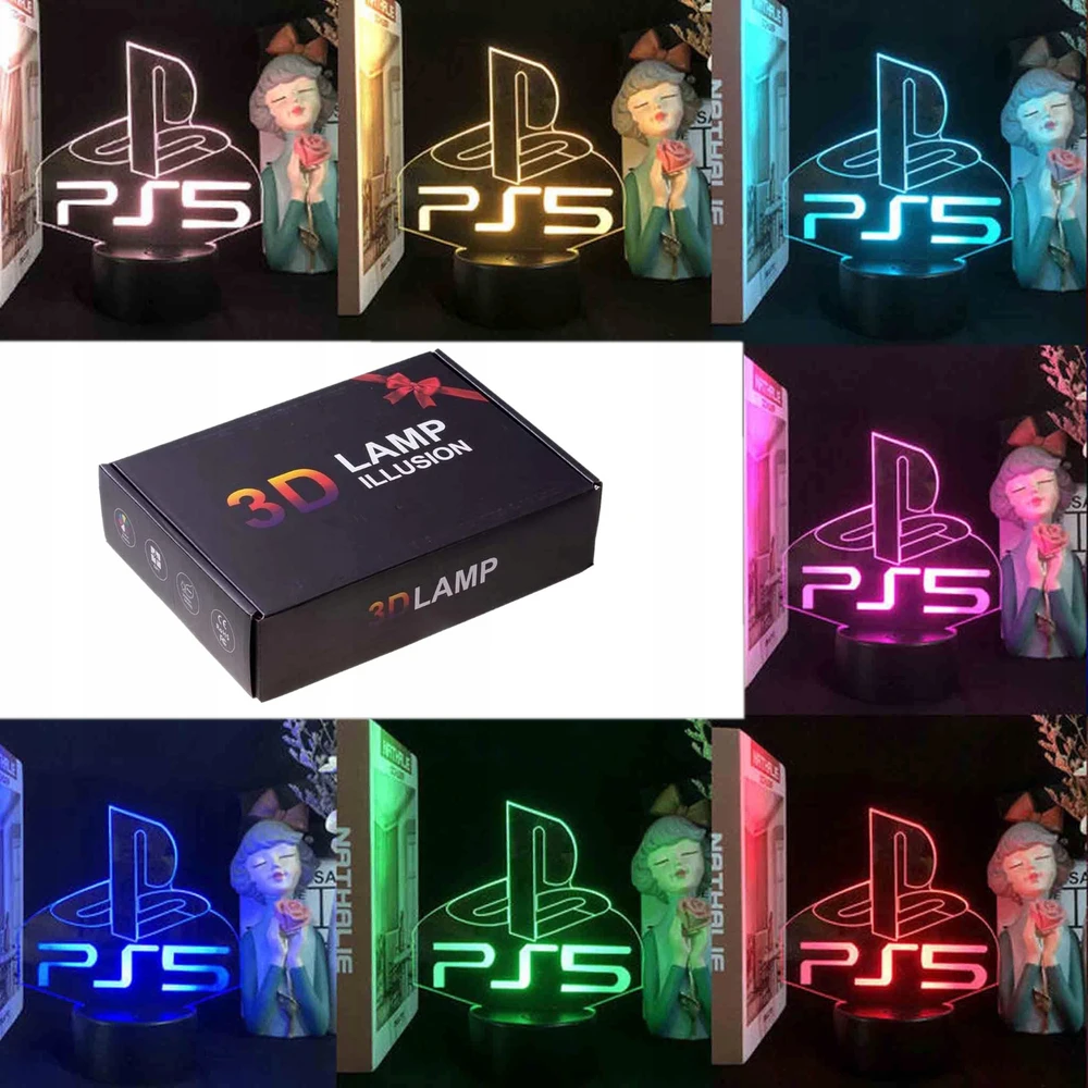 Bez Marki NEONINĖ NAKTINĖ LEMPA AKRILINĖ 3D DEKORACIJA HOLOGRAMOS LED RGB LOGOTIŠKAS PS5 + NUOTOLINIO KONTROLĖ