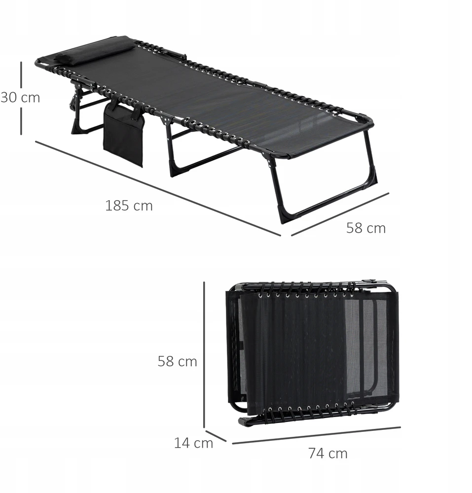 Bez Marki Outsunny sulankstomas gultas, sodo gultas su reguliuojamu atlošu (5 padėtys), nuimama galvos atrama, šonine kišene, audinio užvalkalu ir plieniniu rėmu, 185 x 58 x 30 cm, juodas