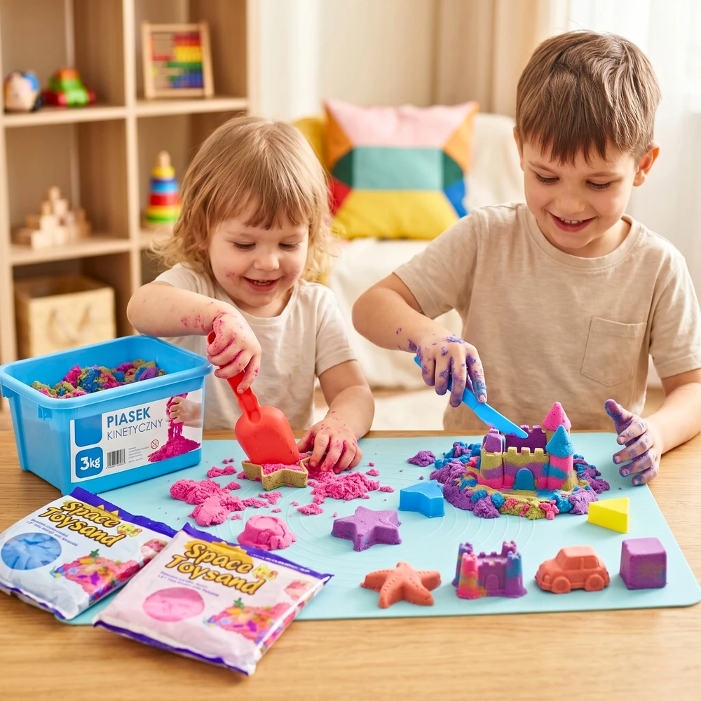 Bez Marki PIASEK KINETYCZNY PIASKOWNICA DUŻY Rinkinys 3KG FOREMKI ŁOPATKA DZIEŃ DZIECKA