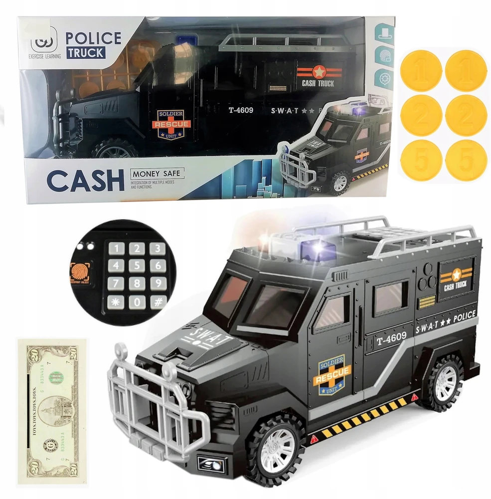 Piggy bank Safe Car Police vaikams už kodą Monetos Banknotai DIDELI