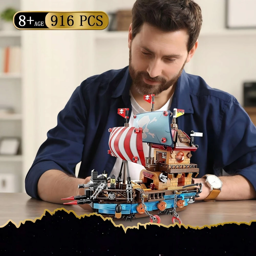 Bez Marki PIRATŲ BURĖLAIVAS IŠ LED BLOKULIŲ 916 ELEMENTŲ KŪRYBINIS MODELIS VAIKAMS