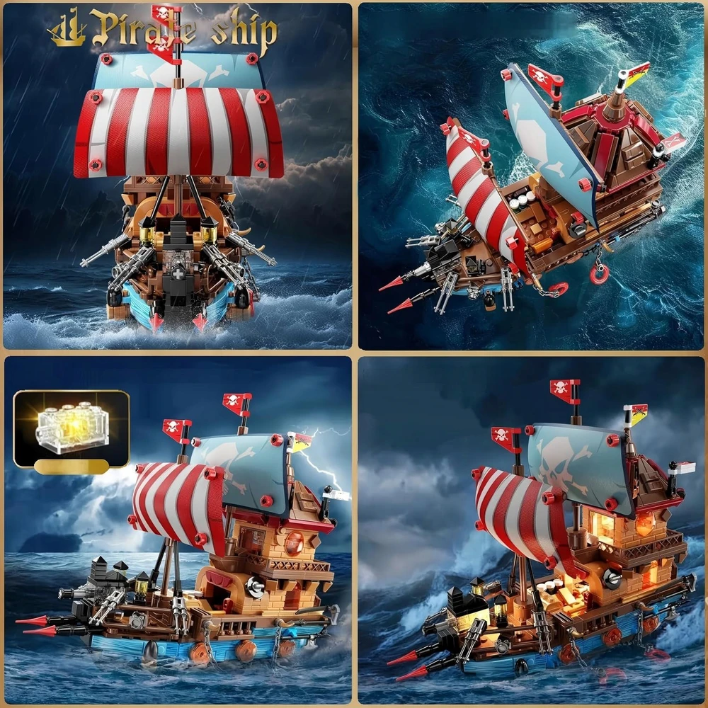 Bez Marki PIRATŲ BURĖLAIVAS IŠ LED BLOKULIŲ 916 ELEMENTŲ KŪRYBINIS MODELIS VAIKAMS