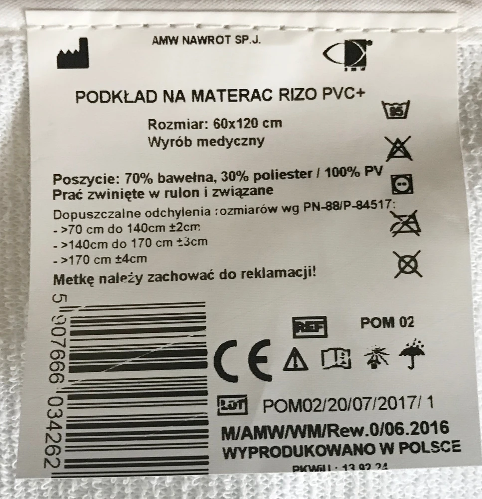 Bez Marki PODKŁAD NA Čiužinys DO ŁÓŻECZKA 60x120 cm WODOODPORNY OCHRANIACZ MATA TOPPER