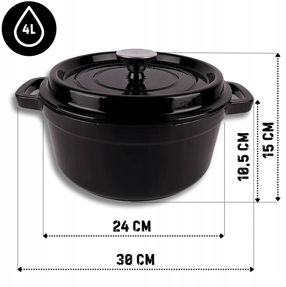 Bez Marki Puodas ŻELIWNY 4L EMALIOWANY Z POKRYWKĄ JUODA GAZ INDUKCJA Orkaitė 24CM