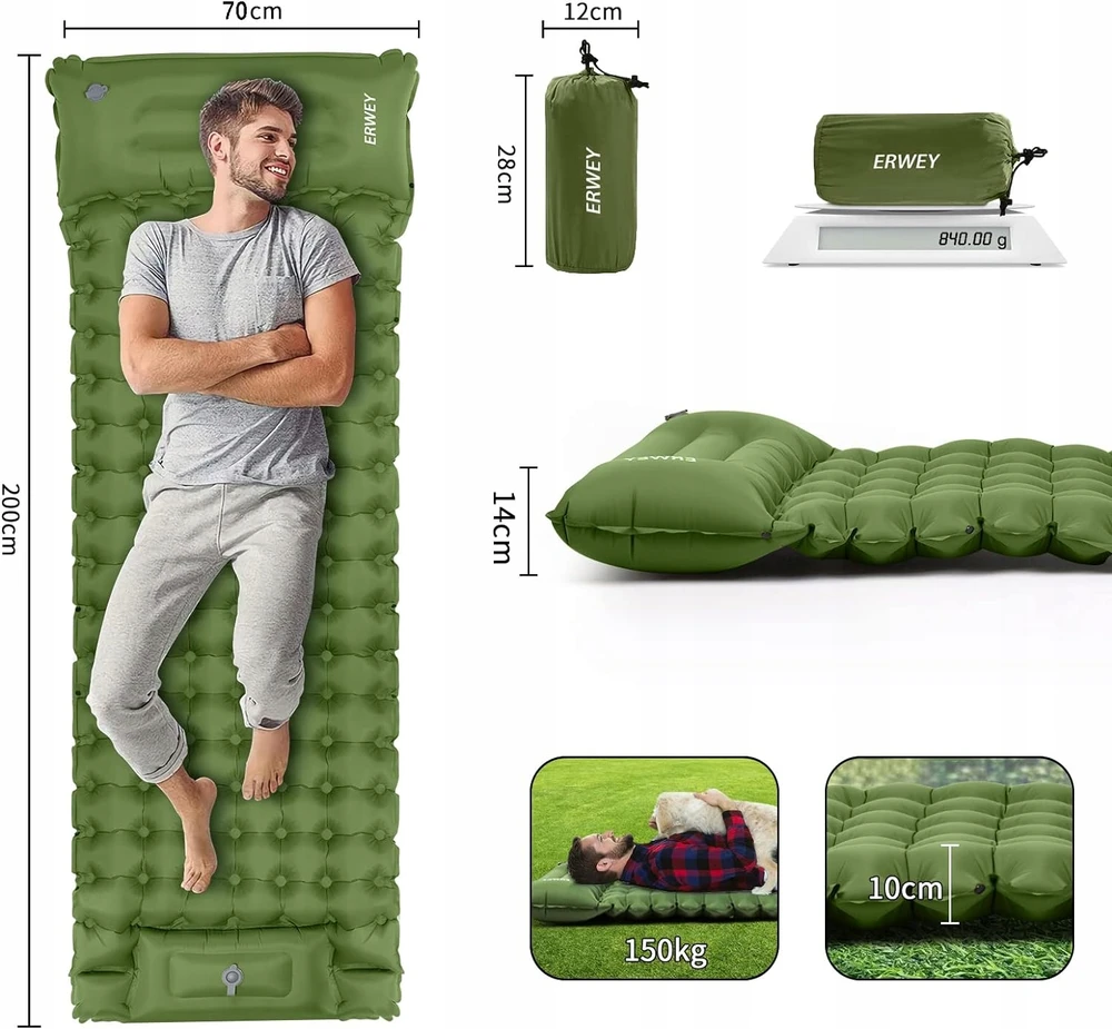 Bez Marki Savipūtis stovyklavimo čiužinys 200x70cm, ergonomiškas, žalias