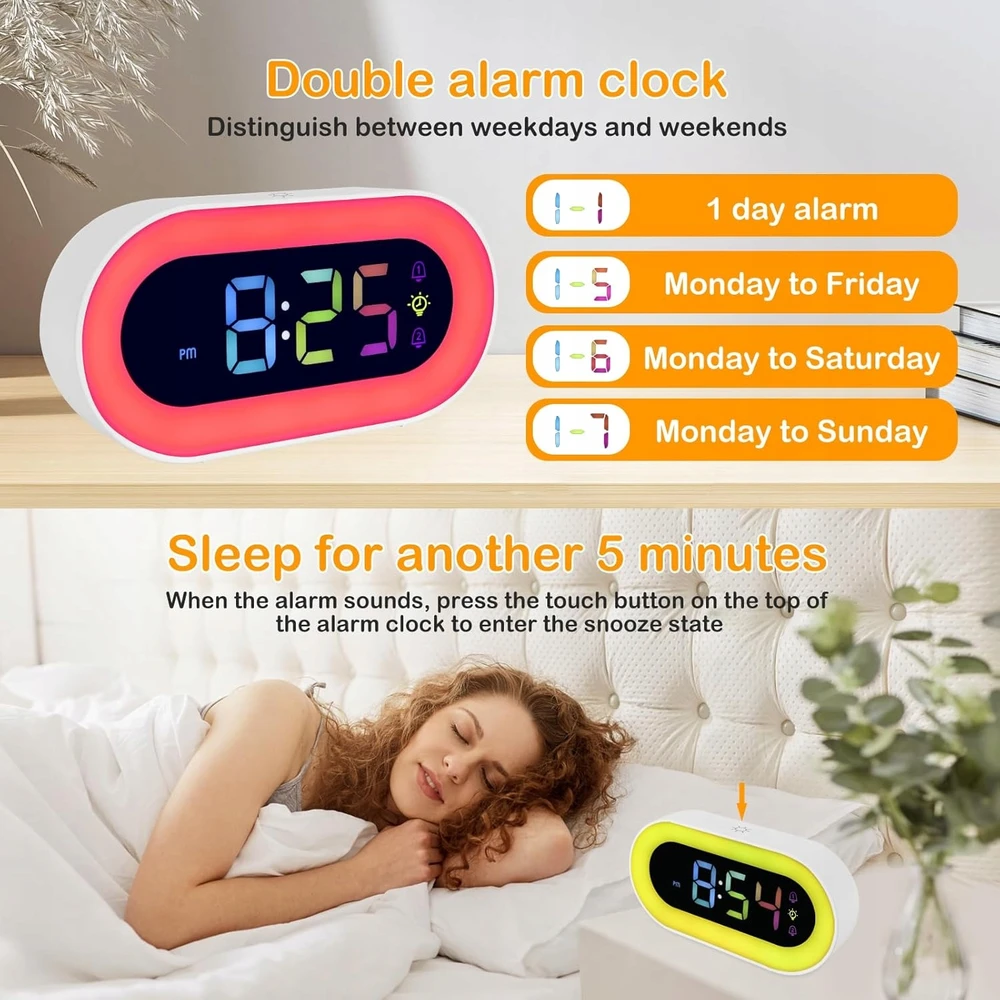 Bez Marki Skaitmeninis žadintuvas DLA DZIECI RGB Naktinė lempa PODWÓJNY ALARM 18 DŹWIĘKÓW
