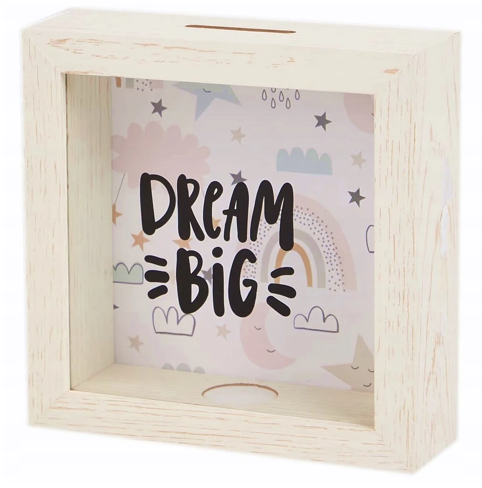 Bez Marki SKARBONKA DREWNIANA SKRZYNKA NA PIENIĄDZE OSZCZĘDNOŚCI SZKŁO DREAM BIG