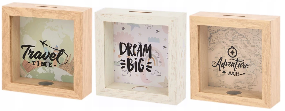 Bez Marki SKARBONKA DREWNIANA SKRZYNKA NA PIENIĄDZE OSZCZĘDNOŚCI SZKŁO DREAM BIG