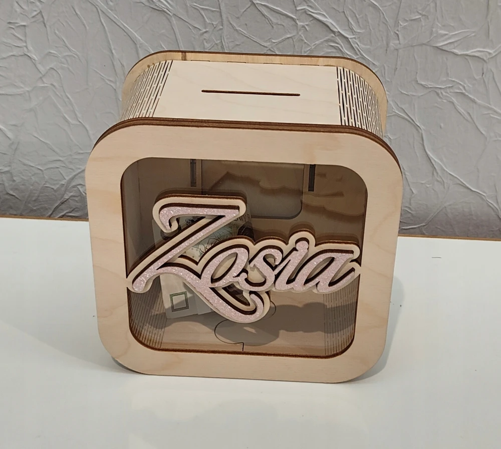 Bez Marki Skarbonka imię dziecka brokatowe róż mėlyna sklejka 15x15cm prezent